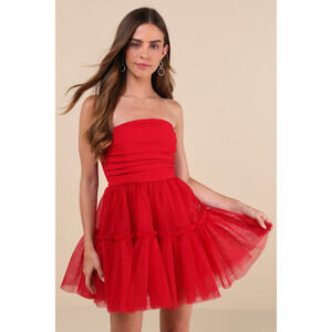 Lovely Extravagance Red Tulle Strapless Mini Dress